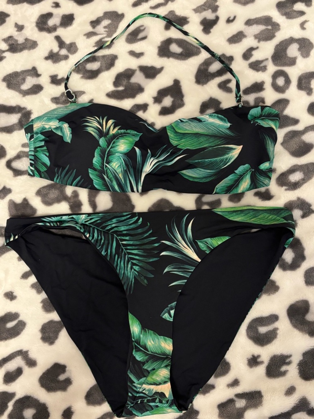 TINIBIKINI Reversible Tropical Leaf Green and Black Bandeau Bikini Set Large